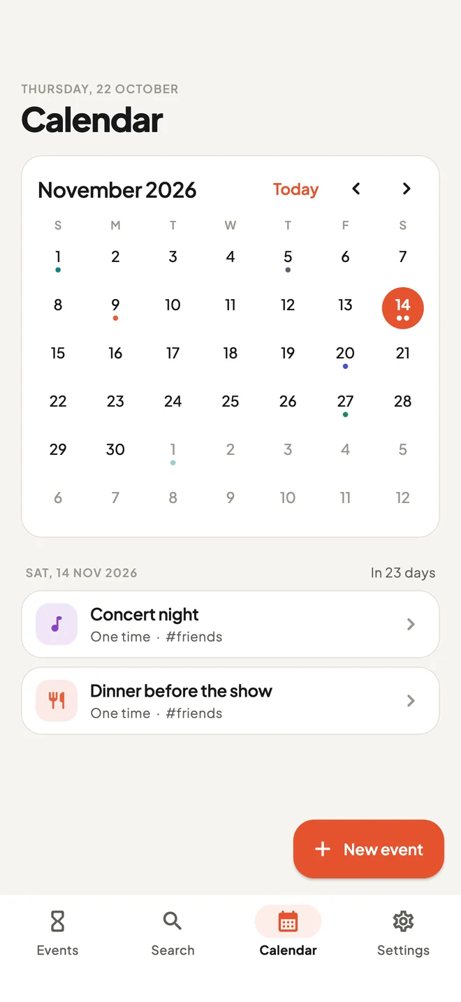 The calendar view for November with events marked