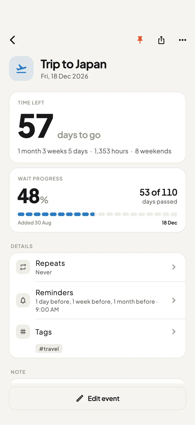 An event showing 57 days to go and 48% of the wait done