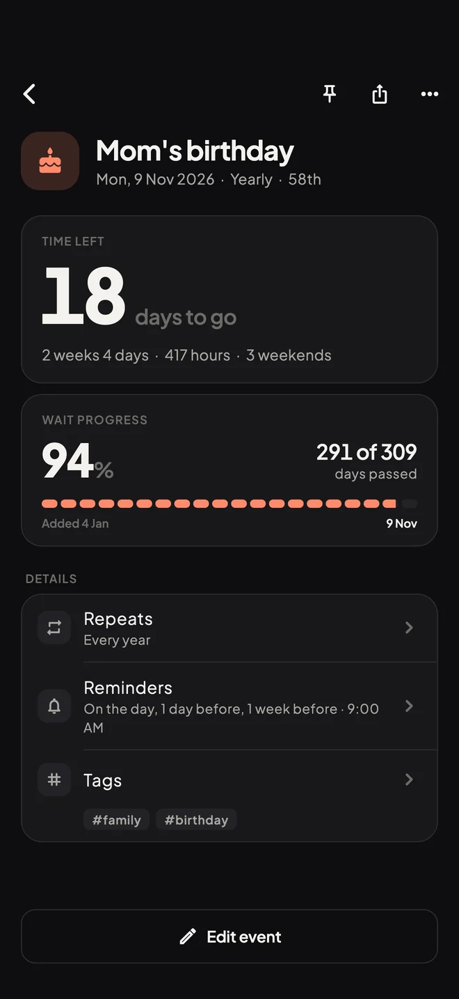 Mom's birthday, repeating yearly, 18 days to go, in dark mode