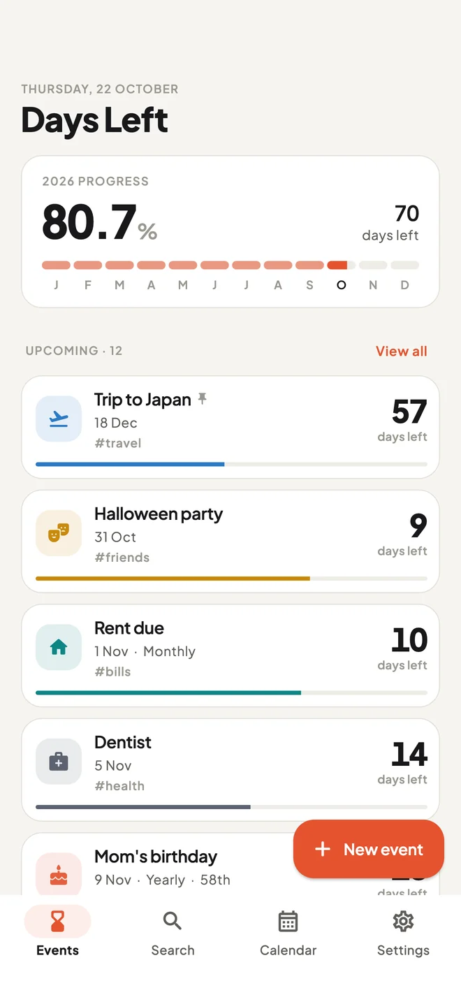 The Days Left home screen listing upcoming events
